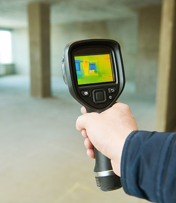 holding up an infrared scanning device inside a concrete room